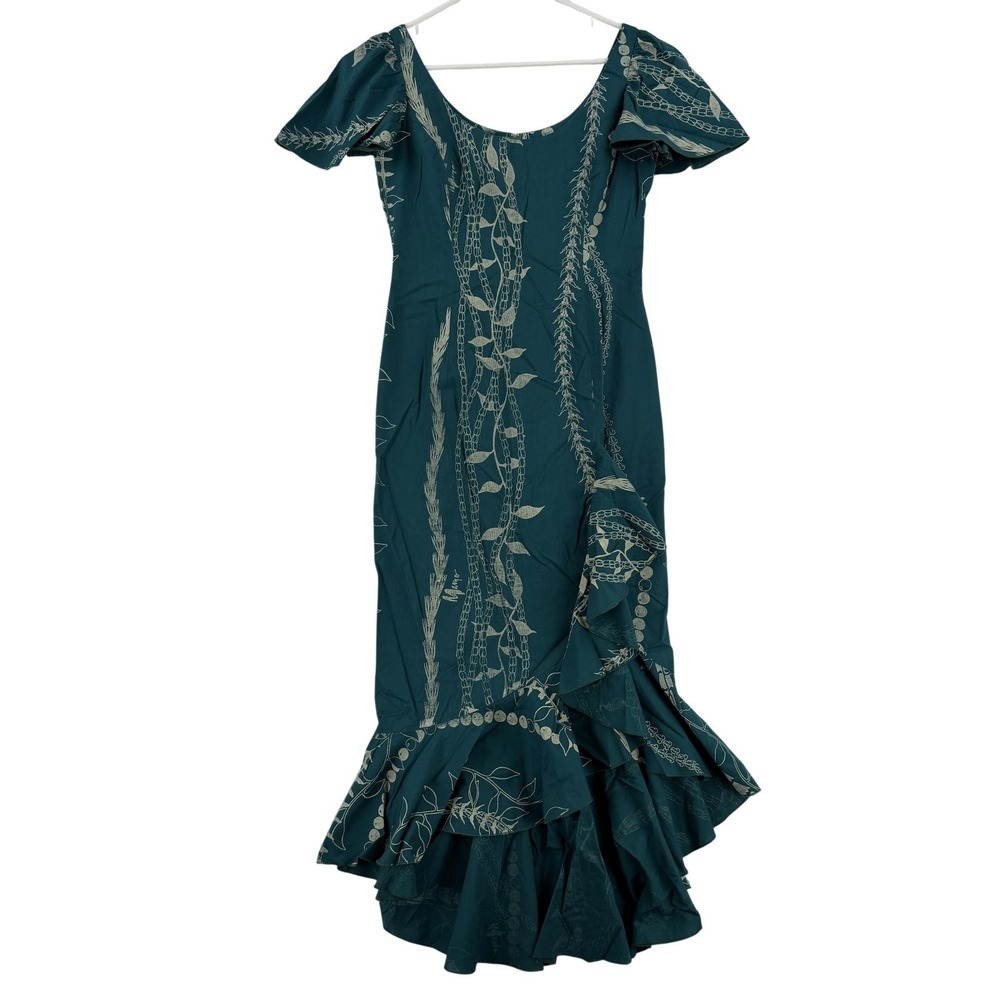 Vintage Mamo Howell Dress Womens 4 Green Floral Ruffle Muumuu Mermaid Hawaii